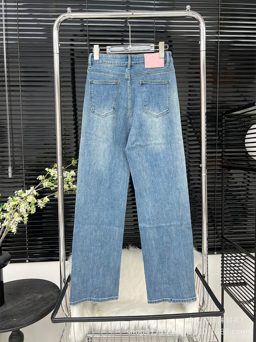 Light Blue Slim Straight Jeans for Men with Raw Edges