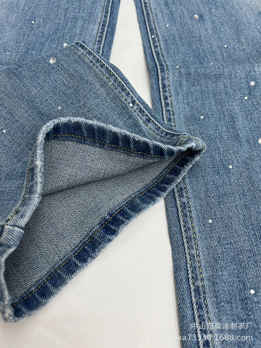 Light Blue Slim Straight Jeans for Men with Raw Edges